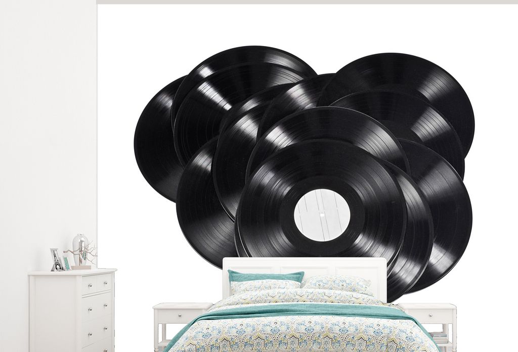 MuchoWow Fototapete für Wohnzimmer oder Schlafzimmer Wandtapete Vinyl Motivtapete Stapel von Vinyl-Schallplatten - 325x260 cm - Tapete