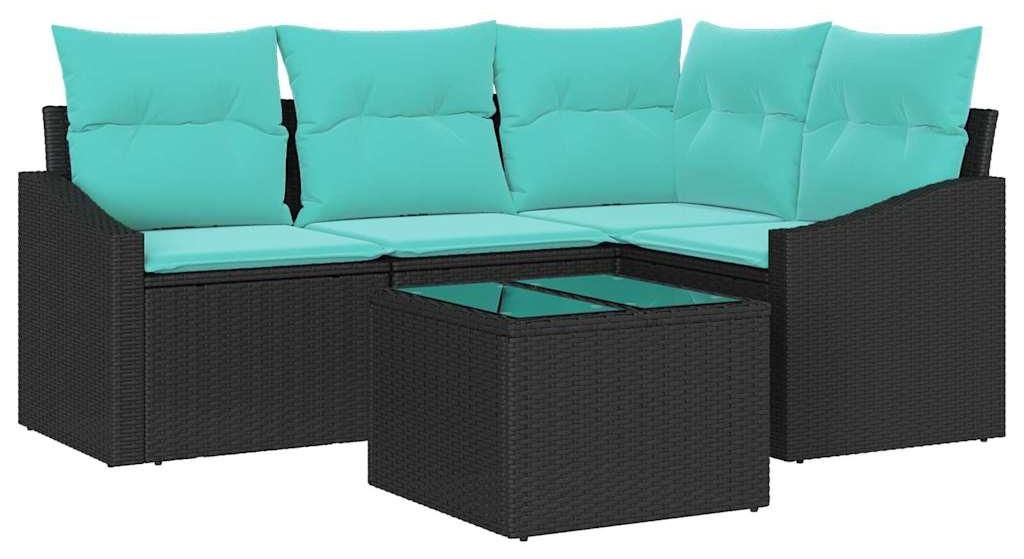 Sofa Set mit Kissen 5 pcs Schwarz Poly-Rattan