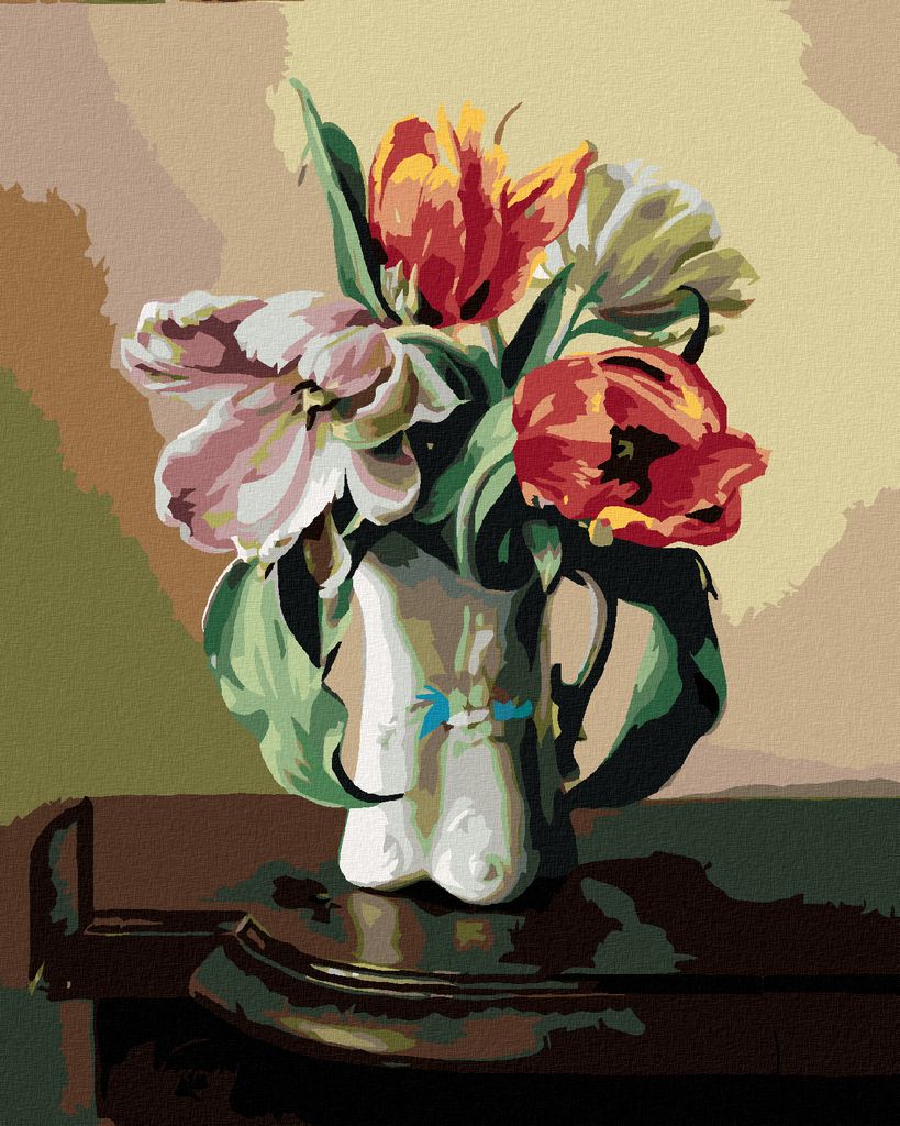 Zuty - Malen nach Zahlen - STILLLEBEN TULPEN IN EINER PORZELLANVASE AUF DEM TISCH (PIETER WAGEMANS), 40x50 cm, ohne Keilrahmen
