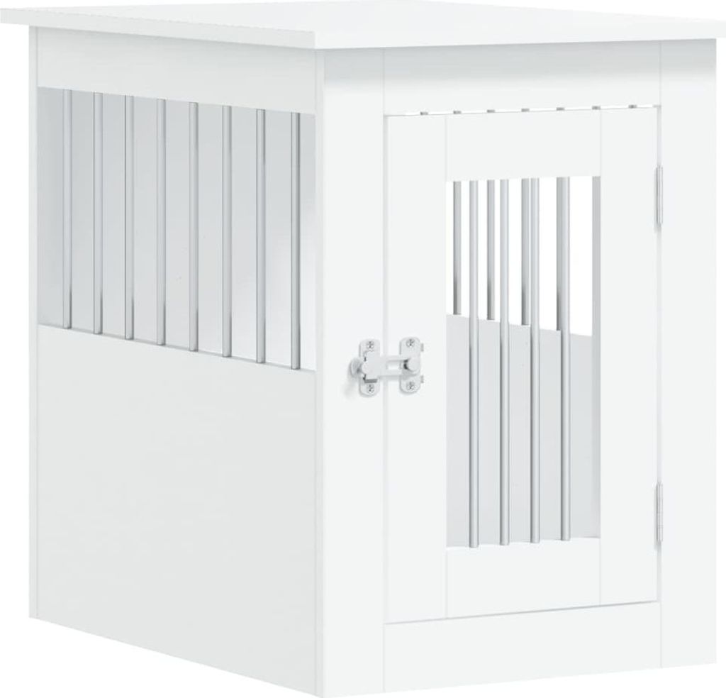 A white wooden dog crate with a slatted door and side panels, shown from a three-quarter front angle.