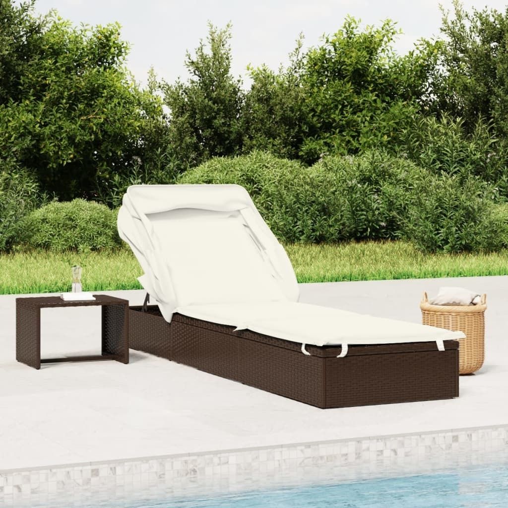 Design Sonnenliege mit Faltdach Braun 213x63x97 cm Poly Rattan, Gartenliegen 2024 Neu