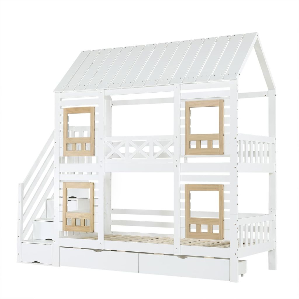 Etagenbett, Kinderbett, Mit farblich abgesetztem Fallschutzgitter, mit Fenster, Zwei Schubladen mit Rollen, Treppe mit 4 Ablagefächern, Kiefer+MDF