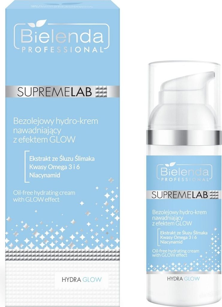 A product shot of a Bielenda SupremeLab Hydra Glow oil-free hydrating cream with its packaging.