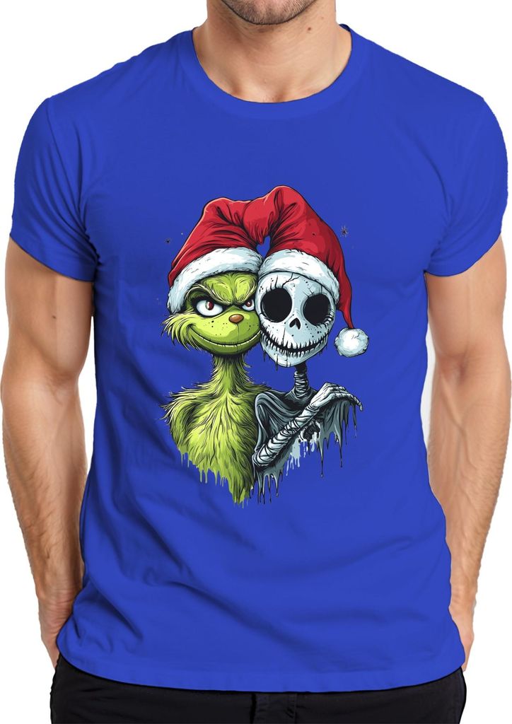 Grinch Jack Skellington Weihnachten Totenkopf gruselig Gothic Herren T-Shirt, Blau, XXL