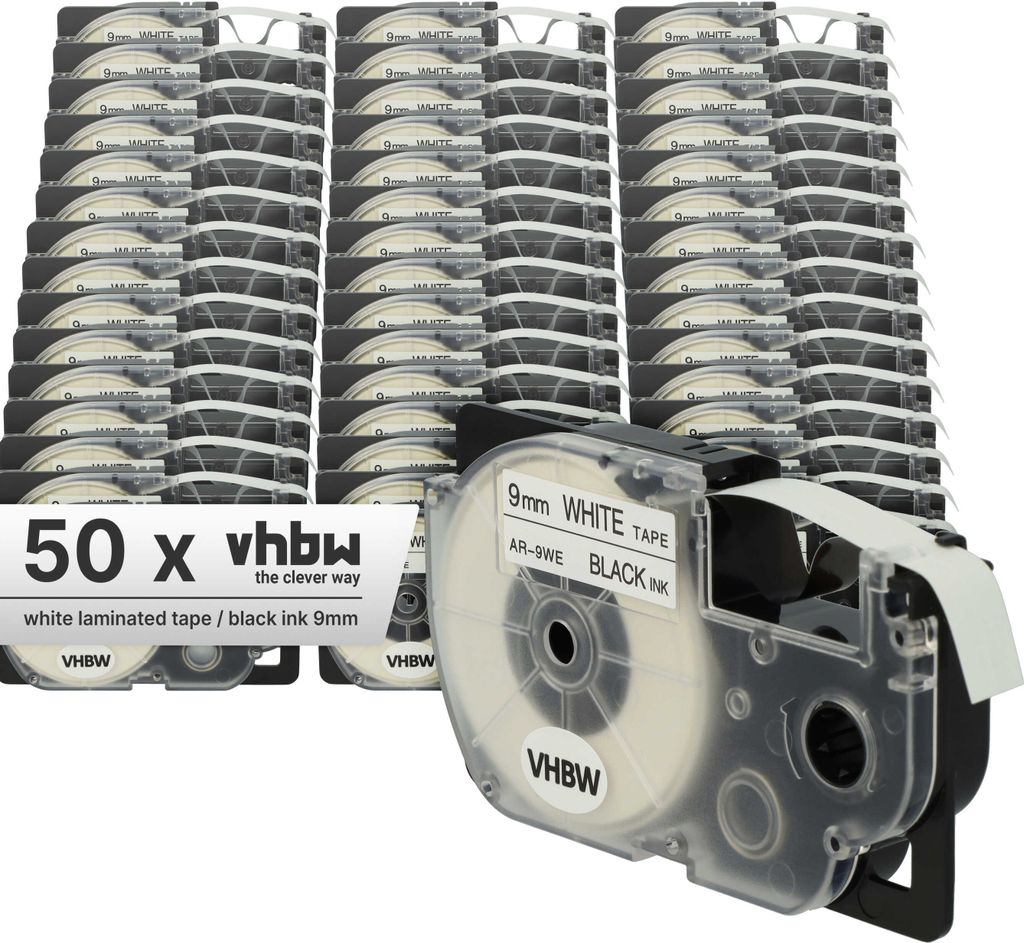vhbw 50x Schriftband-Kassette kompatibel mit Casio KL-C500, KL-8200, KL-P1000, KL-HD1, KL-G2 Etiketten-Drucker 8m x 9mm Schwarz auf Weiß