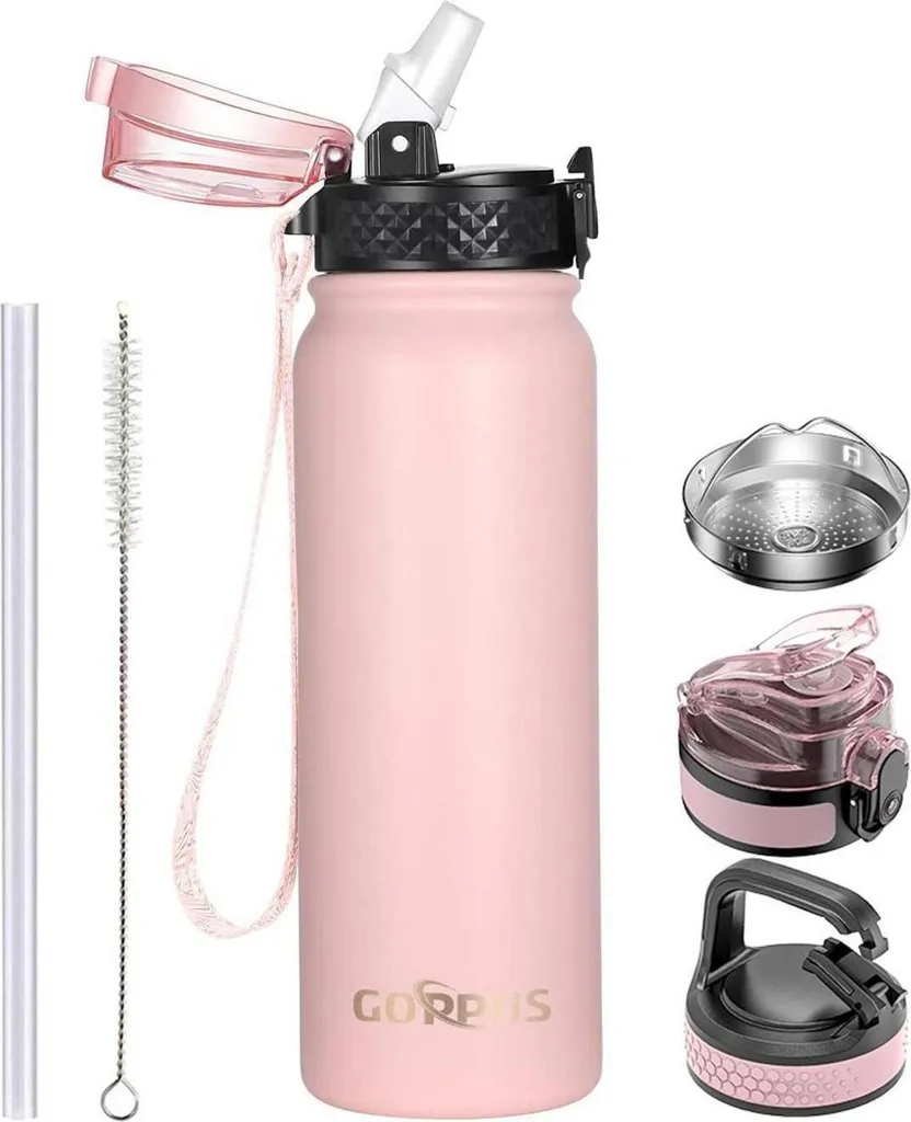 Borraccia in acciaio inox con cannuccia 600ml senza BPA Rosa