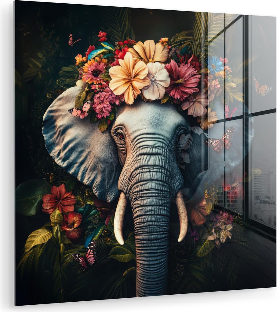MuchoWow Glasbilder - Bilder auf Wandbild - Foto auf Glas Elefant - Tiere - Blumen - Natur 40x40 cm Wanddekoration aus Glas - Acrylglasbild - Acryl...