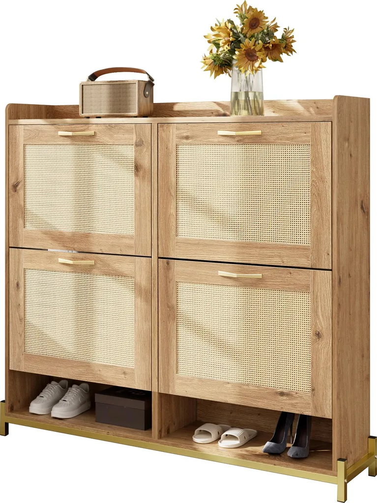 Fortuna Lai Armoire à chaussures rotin et métal - 4 portes battantes