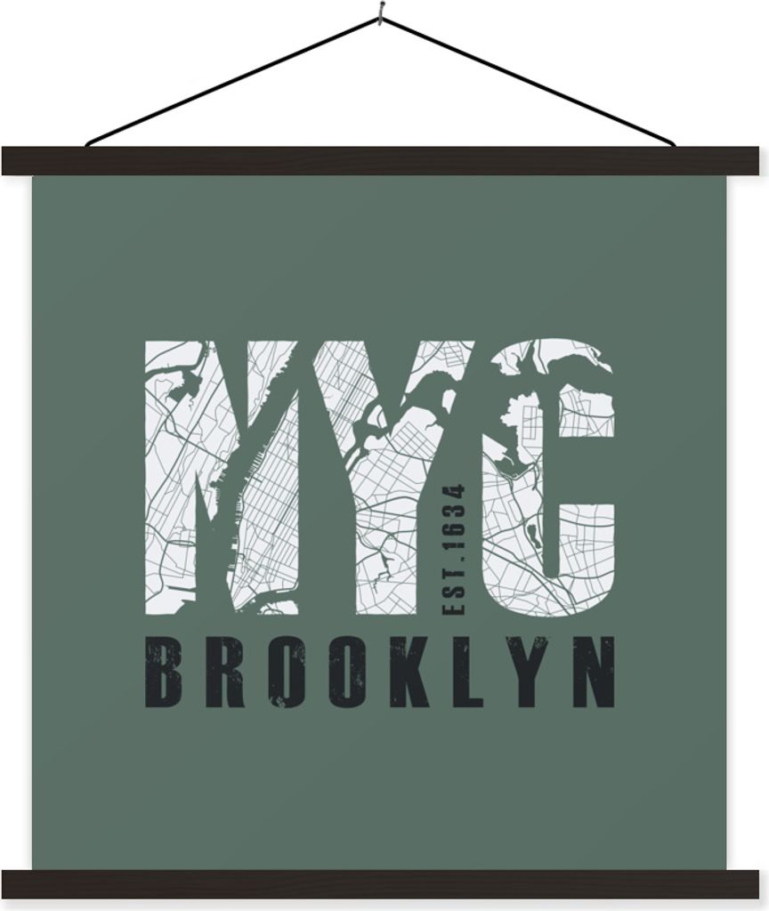 MuchoWow Textilposter New York - Grün - Karte 60x60 cm mit schwarzem Rahmen - Posteraufhänger