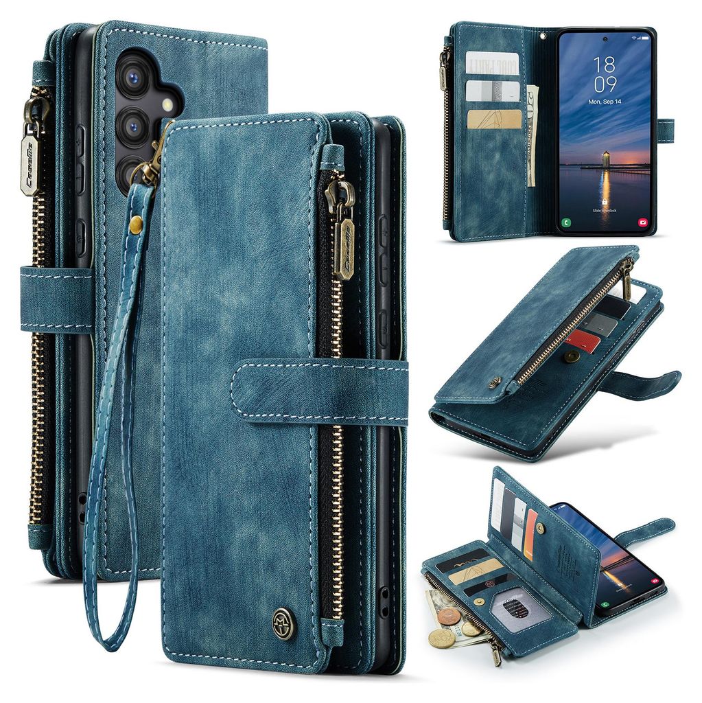 A collage of images showing a blue leather wallet-style phone case with a zipper and card slots, displayed from different angles and in use.