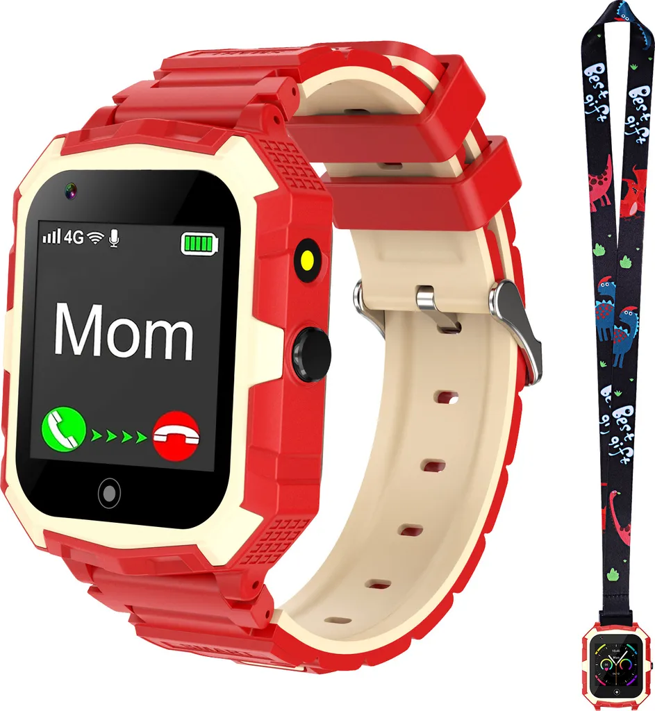 Montre Connectée Enfant Étanche GPS 4G Rouge Cadeau Fille et Garçon