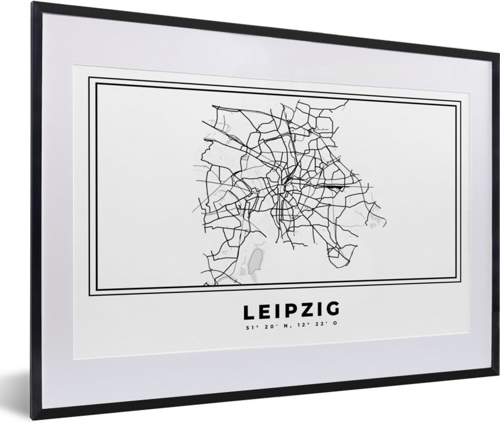 MuchoWow Gerahmtes Poster Stadtplan - Deutschland - Schwarz und weiß - Leipzig - Karte 60x40 cm - Poster mit Schwarzem Bilderrahmen Wandposter R...