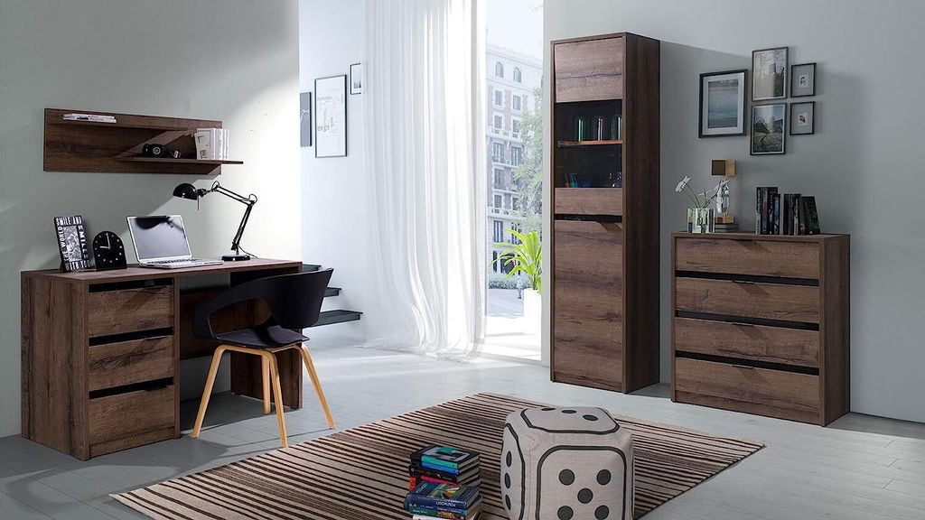 DESIGN MÖBEL Büromöbel-Set DUSTIN 14 mit Schreibtisch, Kommode, Bücherregal und Hängeregal – Eiche Weiß & Weiß glänzend