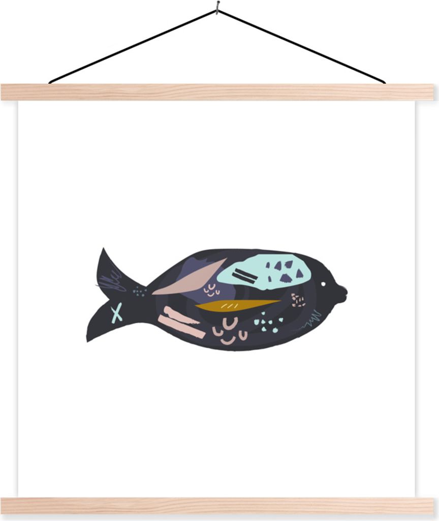 MuchoWow Textilposter Pastell - Schwarz - Fisch 40x40 cm mit holzfarbenen Rahmen - Posterleiste