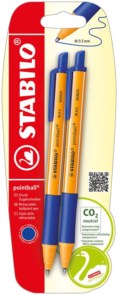 A retail package containing two blue and orange STABILO pointball pens.