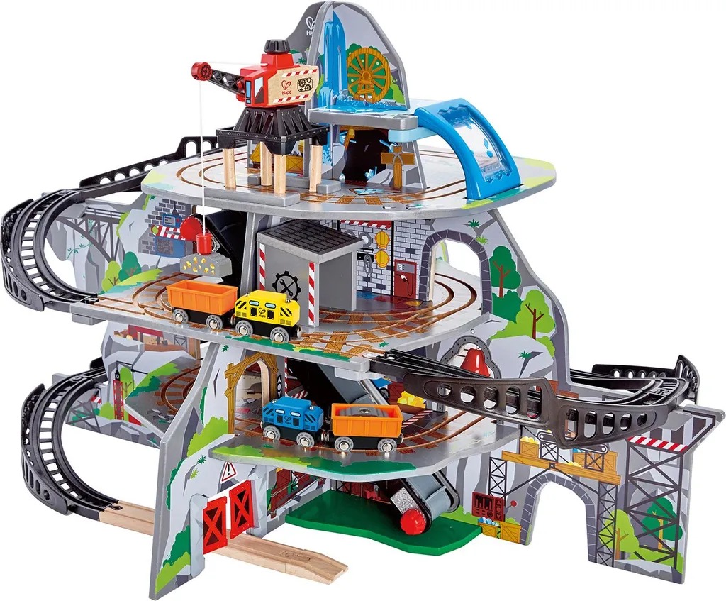 Grand circuit de train en bois Mine de Montagne avec grue et spirale