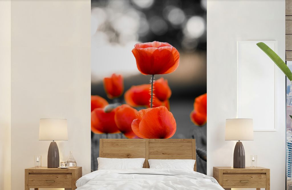 MuchoWow Fototapete für Wohnzimmer oder Schlafzimmer Wandtapete Vinyl Motivtapete Rote Mohnblumen vor schwarzem und weißem Hintergrund - 120x24...