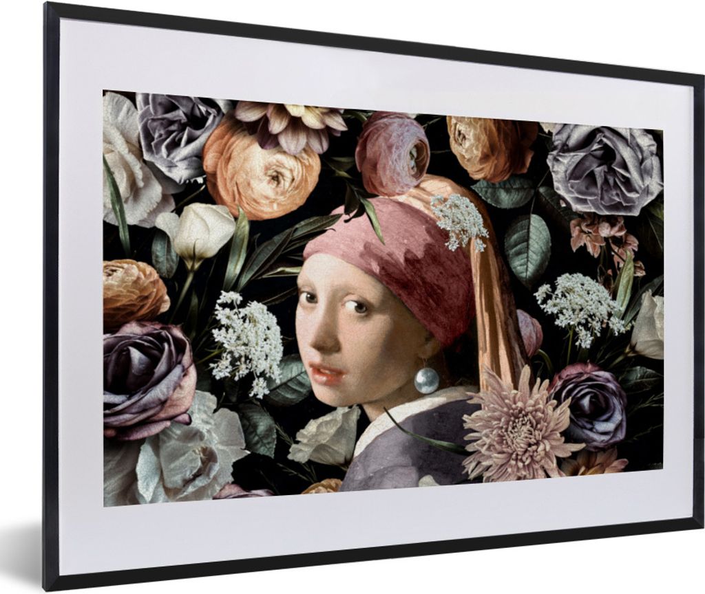 MuchoWow Gerahmtes Poster Mädchen mit Perlenohrring - Blumen - Vermeer - Pastell - Kunstwerk - Gemälde - Alte Meister 60x40 cm - Poster mit Sch...