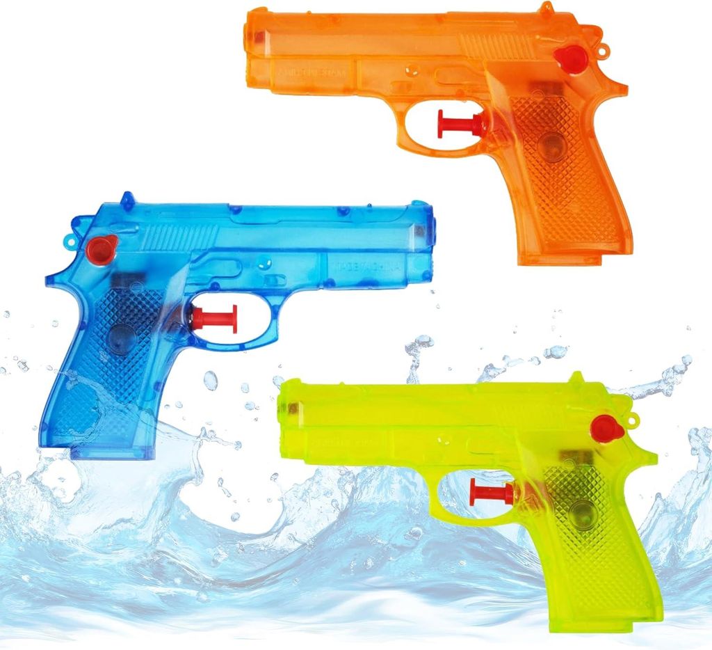 3X Wasserpistolen 12 cm bunt Set - Extra großer Reichweite - Spritzpistole klein mini - Wasserspritzpistole für Kinder