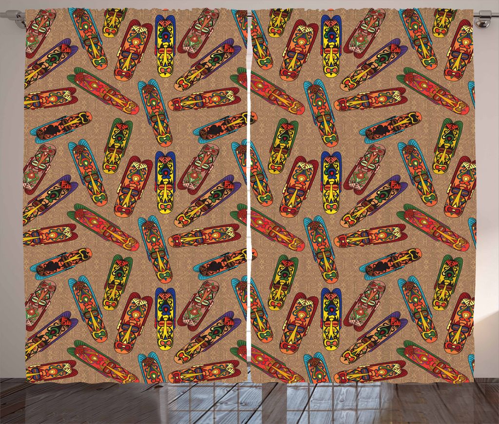 ABAKUHAUS afrikanisch Rustikaler Vorhang, Bakongo Masken Totem, Wohnzimmer Universalband Gardinen mit Schlaufen und Haken, 280 x 175 cm, Mehrfarbig