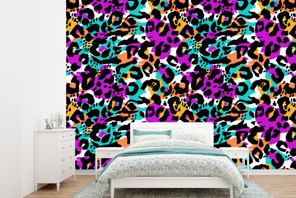 MuchoWow Fototapete für Wohnzimmer oder Schlafzimmer Wandtapete Vinyl Motivtapete Regenbogen - Panther - Muster - 330x240 cm - Vinyltapete