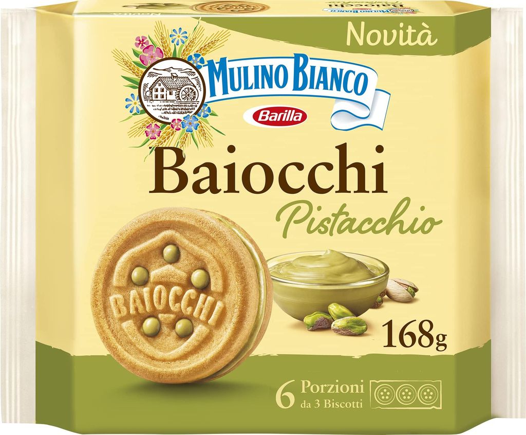 Mulino Bianco Baiocchi Pistazienkekse, und Mürbeteig Ideal zum Frühstück oder Snack, Palmölfrei, 6 Portionen von 3 Keksen, 1, 168.0 gramm, 168....