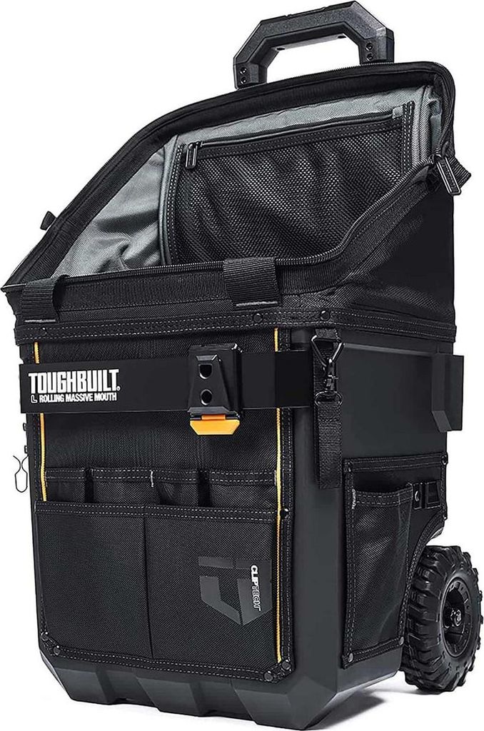 A black rolling tool case with yellow accents.