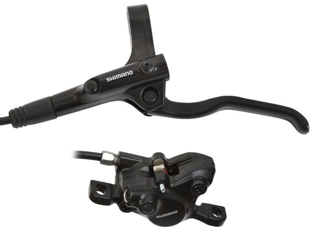 A black bicycle brake lever and caliper are shown against a white background.