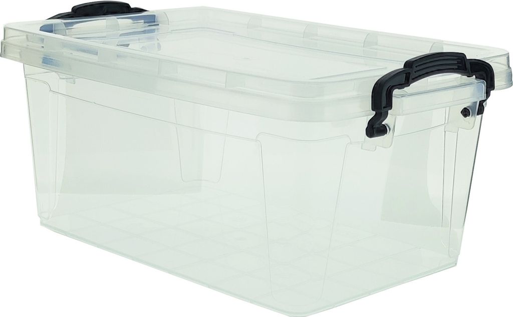A clear, studio shot of a transparent storage box with black handles against a white background.