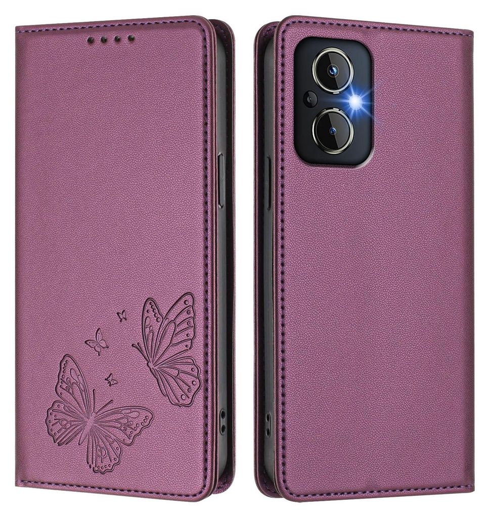 Lederhülle für Oppo Reno8 4G/Reno7 4G, Schmetterling Prägung Leder Brieftasche Schutzhülle mit Ständer Lila
