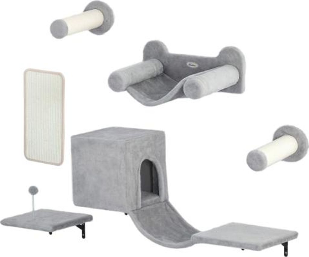 Grau 106x30x30,5cm Katzen Kletterwand 6 Tlg Set Mit Katzenhaus Haengematte Plattform Kratzbaum Mit Kratzbrett Pluesch Wandkratzbaum