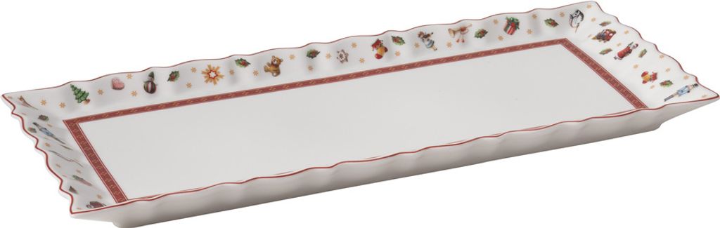 A rectangular serving platter with a decorative scalloped edge and a festive holiday pattern around the rim.