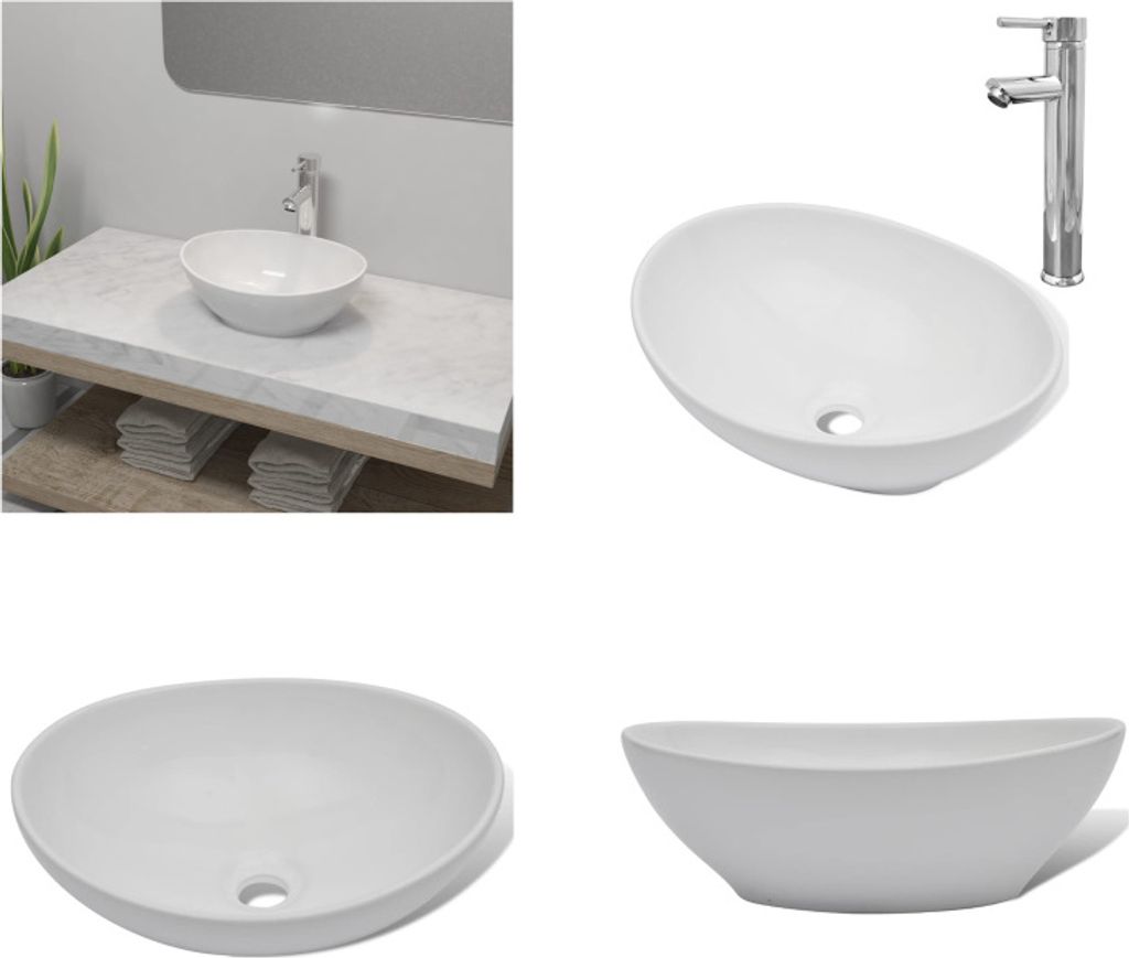 vidaXL Bad Waschbecken mit Mischbatterie Keramik Oval Weiß Produktbild 