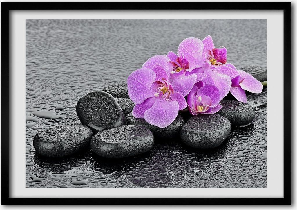 Bild - Bilder - Bilderrahmen - 70 cm x 50 cm - MDF-Rahmen, Wandkunst Orchideen Steine