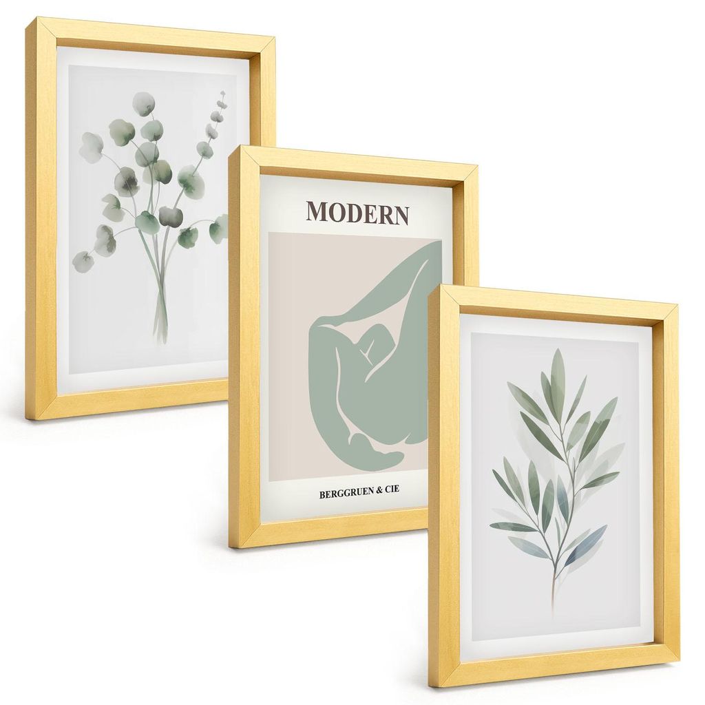 Bilder Set 3-teilig im Goldrahmen Rahmen – Wandbilder 3 Stück – gerahmte Poster für Wohnzimmer, Schlafzimmer und Flur – 20x30 cm – Pflanz...