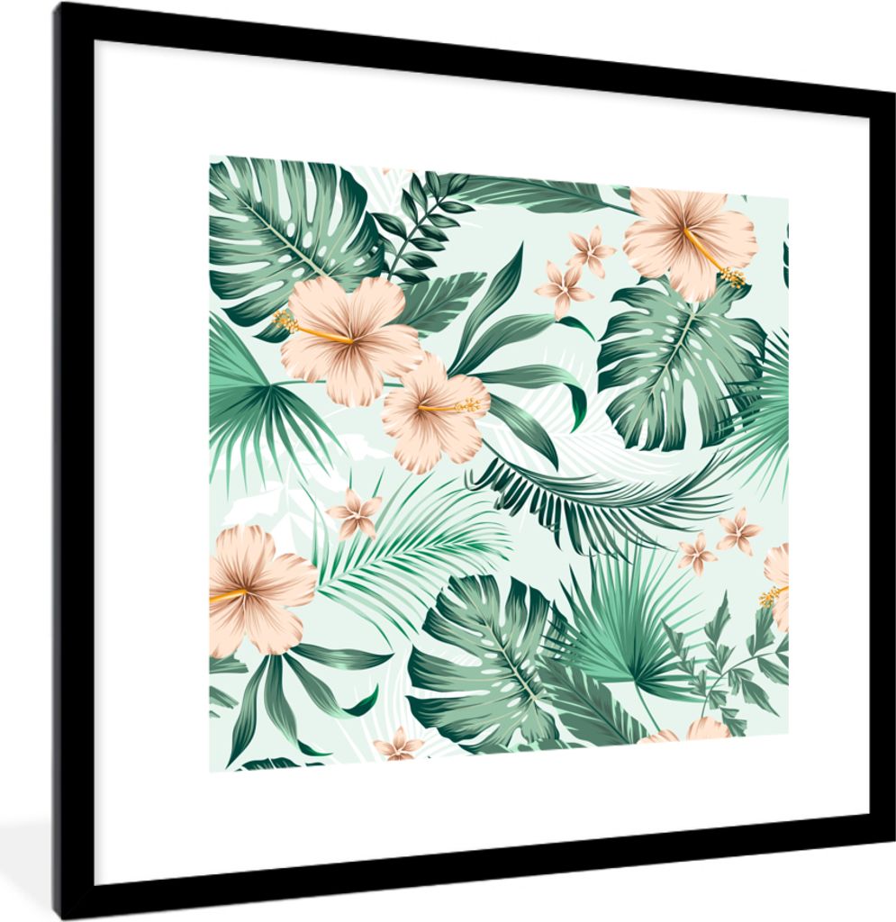 MuchoWow MuchoWow Gerahmtes Poster Blumen - Hibiskus - Monstera - Muster 40x40 cm - Poster mit zchwarzem Bilderrahmen - Poster - Plakat im Rahmen