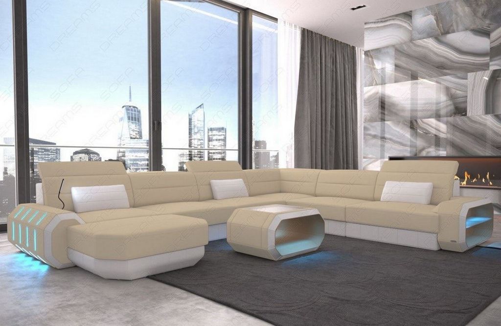 XXL Stoffsofa Roma U Form Mini mit Licht USB Webstoff Strukturstoff