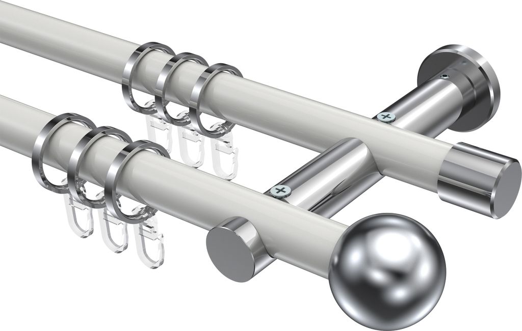 Interdeco Gardinenstange / Vorhangstange Weiß / Chrom, Typ Platon Luino (Kugel), 20 mm Ø 2-läufig, 260 cm