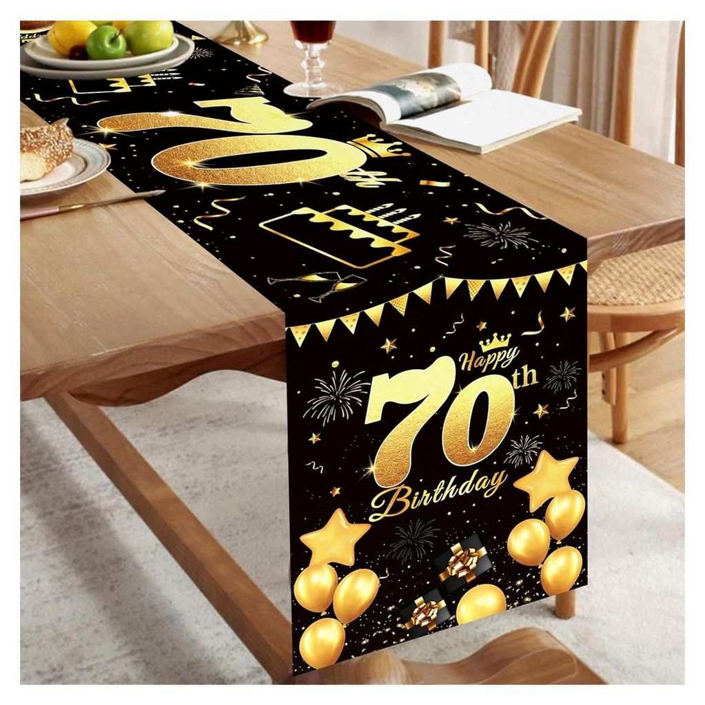 Tischläufer 70. Geburtstag Schwarz Gold für Feierlichkeiten, 180x35 cm