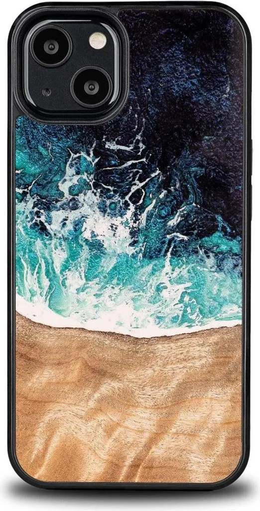 Custodia in legno per iPhone 13, Bewood Unique Dream Island, blu-marrone
