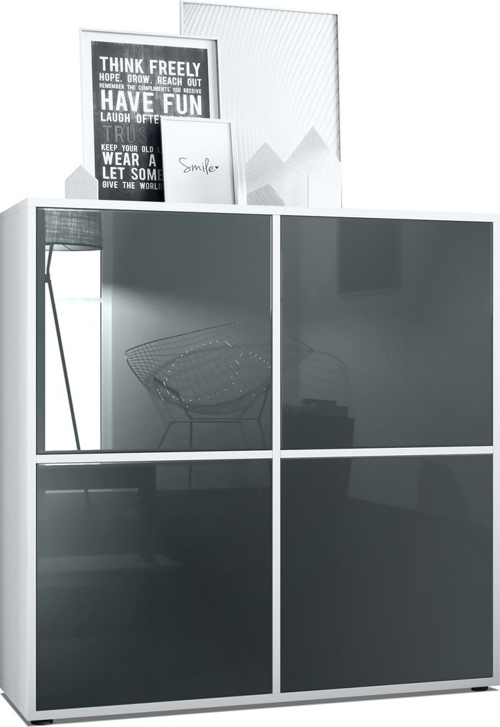 Vladon Highboard Cuba V2 Schrank 104 x 105,5 x 35,5 cm Sideboard mit 8 Fächern, Germany, Korpus in Weiß matt / Fronten in Grau Hochglanz