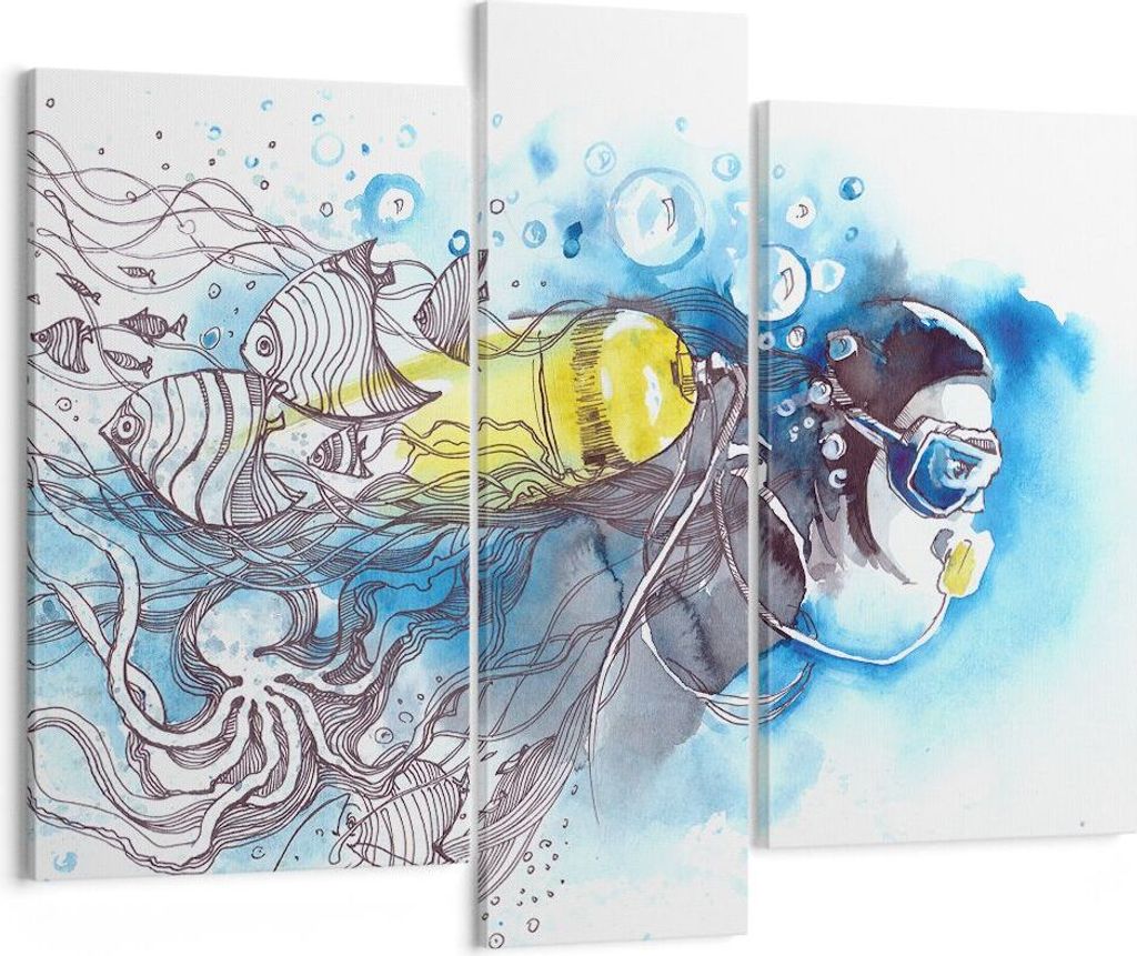 Bild auf Leinwand - Leinwandbild - Taucher Fische Illustration Hobby - 95x80cm - Wand Bild - Wanddeko - Leinwanddruck - Bilder - Kunstdruck - Leinw...