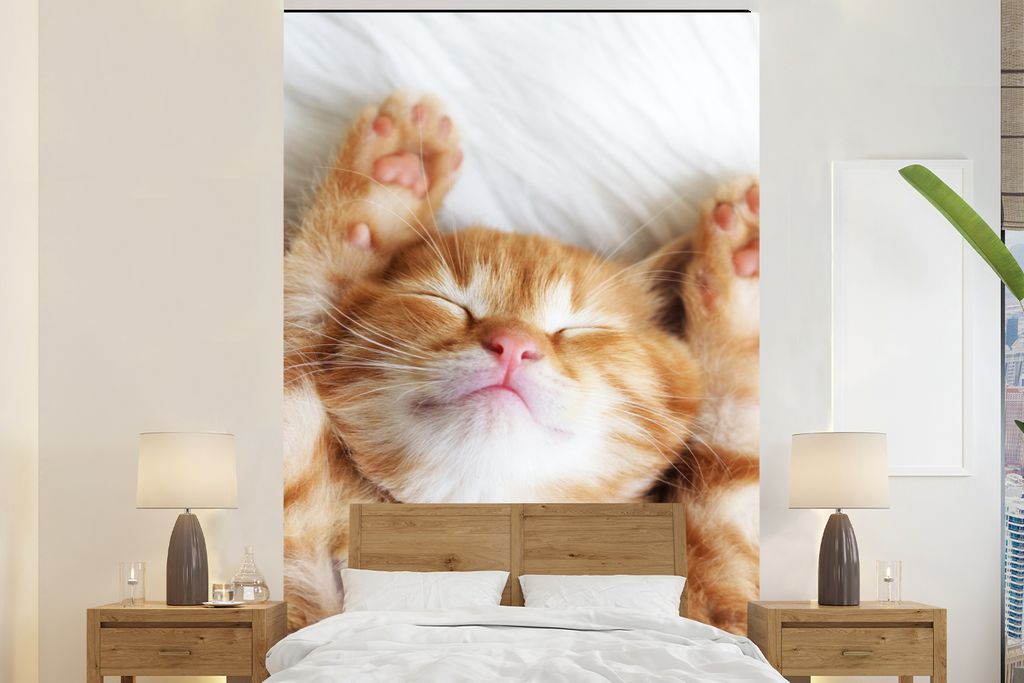 MuchoWow Fototapete für Wohnzimmer oder Schlafzimmer Wandtapete Vinyl Motivtapete Katze - Rot - Haustiere - Kätzchen - 200x300 cm - Wanddekorat...