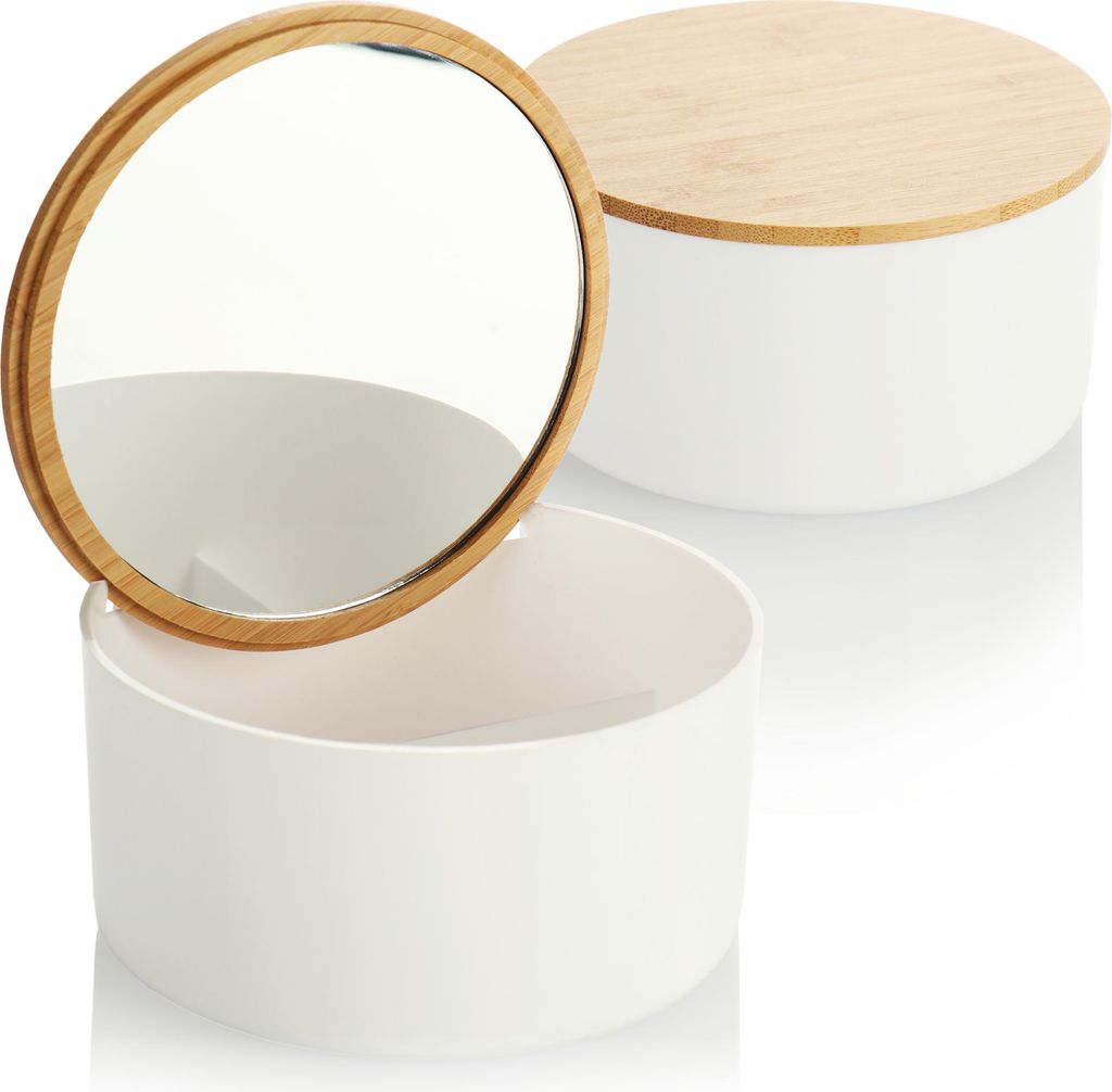 COM-FOUR 2x Kosmetik Organizer mit Schminkspiegel - Kosmetikbox mit Spiegel im Bambusdeckel - Kunststoffbox zur Aufbewahrung von Make-Up und Schmuck