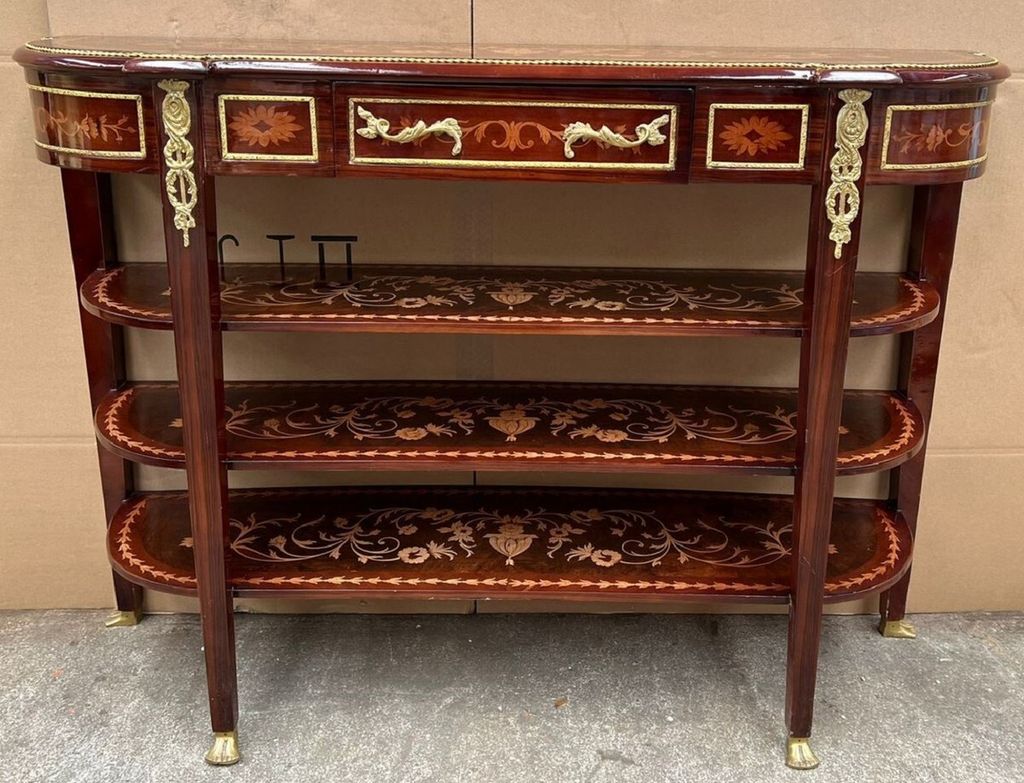 Casa Padrino Barock Konsole Dunkelbraun / Braun Intarsien / Gold - Handgefertigter Konsolentisch im Barockstil - Prunkvolle Barockstil Konsole - Ba...