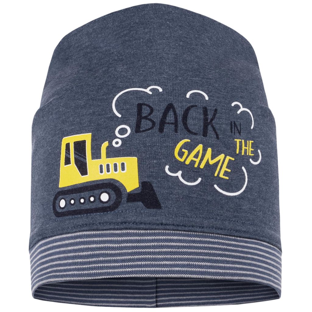 Mütze Beanie Junge Kindermütze Übergangsmütze Frühling Herbst Bagger Gr. 52-54, Denimblau-Gelb