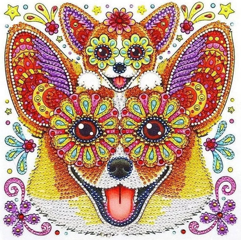 Broderie Diamant 5D Chihuahua Heureux - Strass Brillants et Toile 30cm