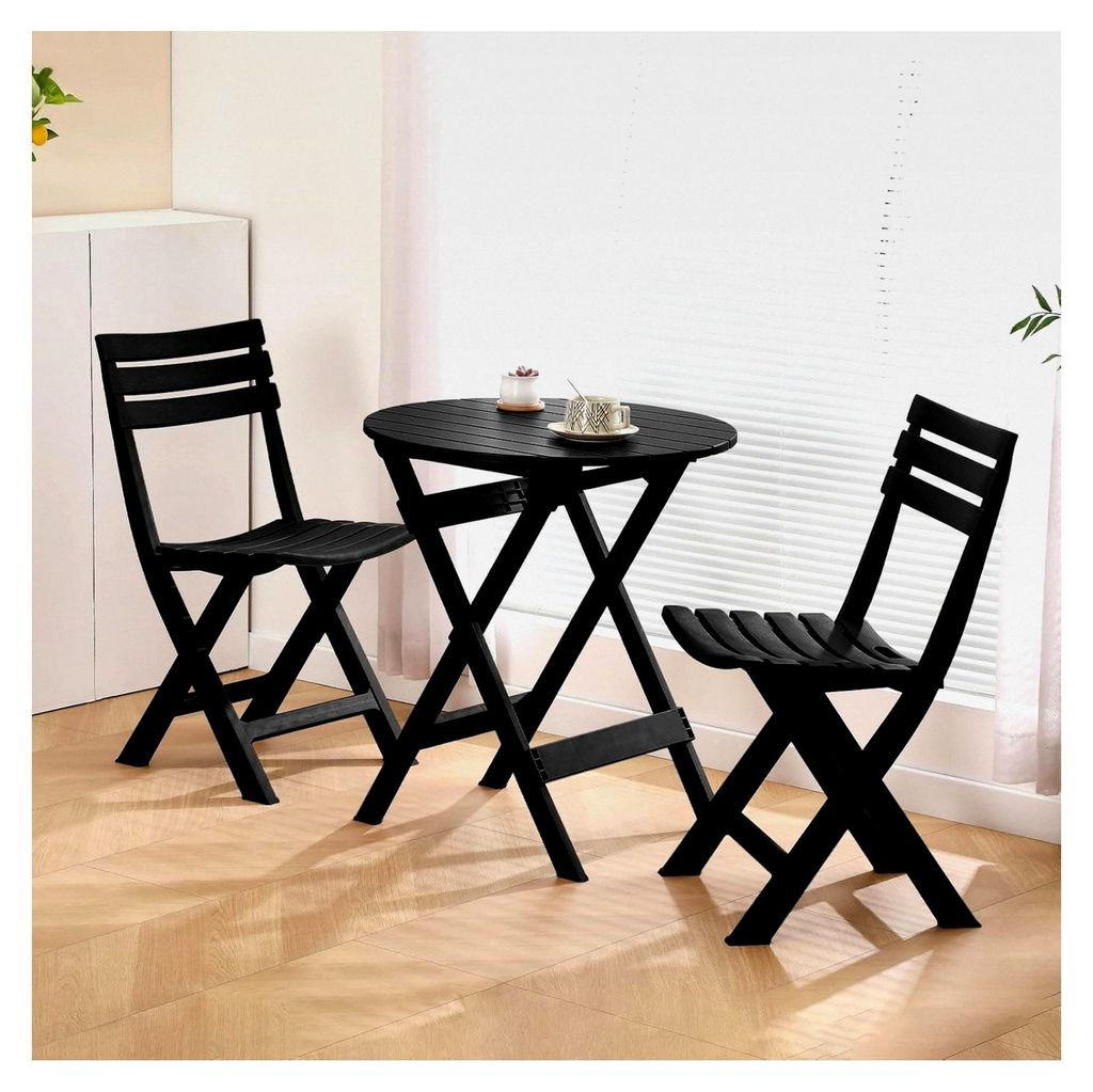 3-teiliges Bistroset mit Bistrotisch und 2 Klappstühlen, kleiner Gartentisch aus Kunststoff, Balkonmöbel für Garten und Balkon, Schwarz