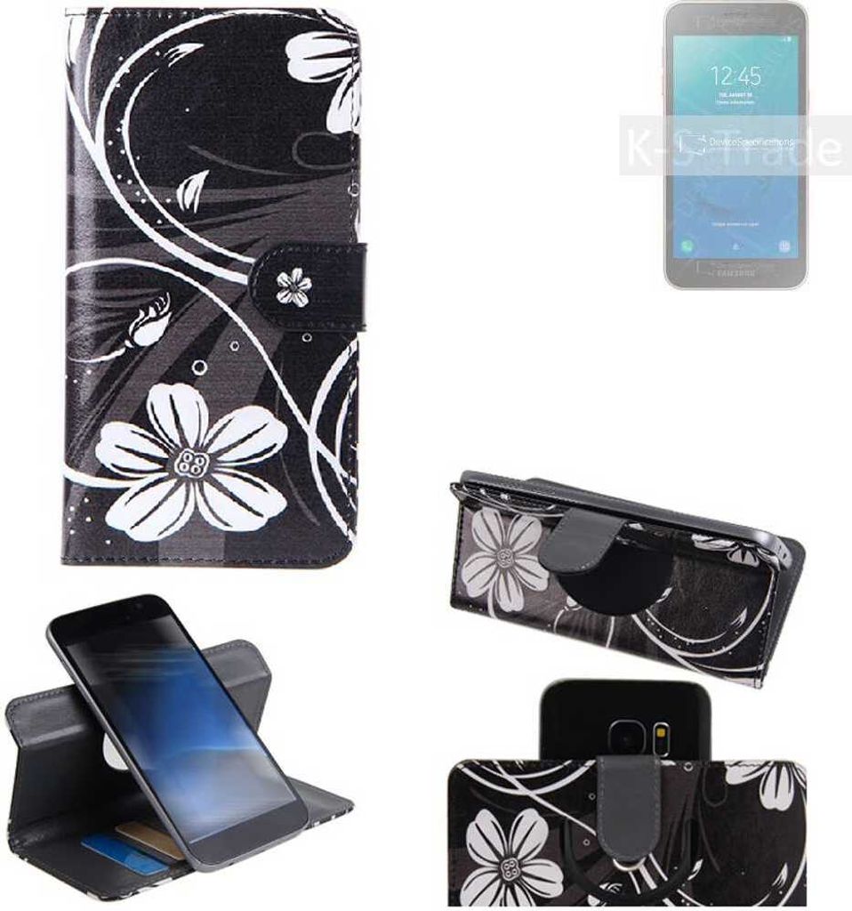 K-S-Trade Schutzhülle Handyhülle kompatibel mit Samsung Galaxy J2 Core 2020 Hülle 360° Wallet Case ''Flowers'' Klapphülle Hülle schwarz-weiß 1x