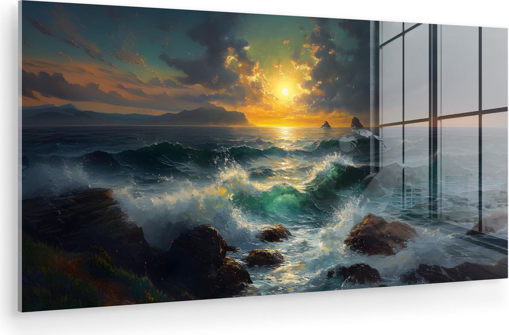 MuchoWow Glasbilder - Bilder auf Wandbild - Foto auf Glas Meer - Sonne - Wellen - Felsen 80x40 cm Wanddekoration aus Glas - Acrylglasbild - Acrylbi...